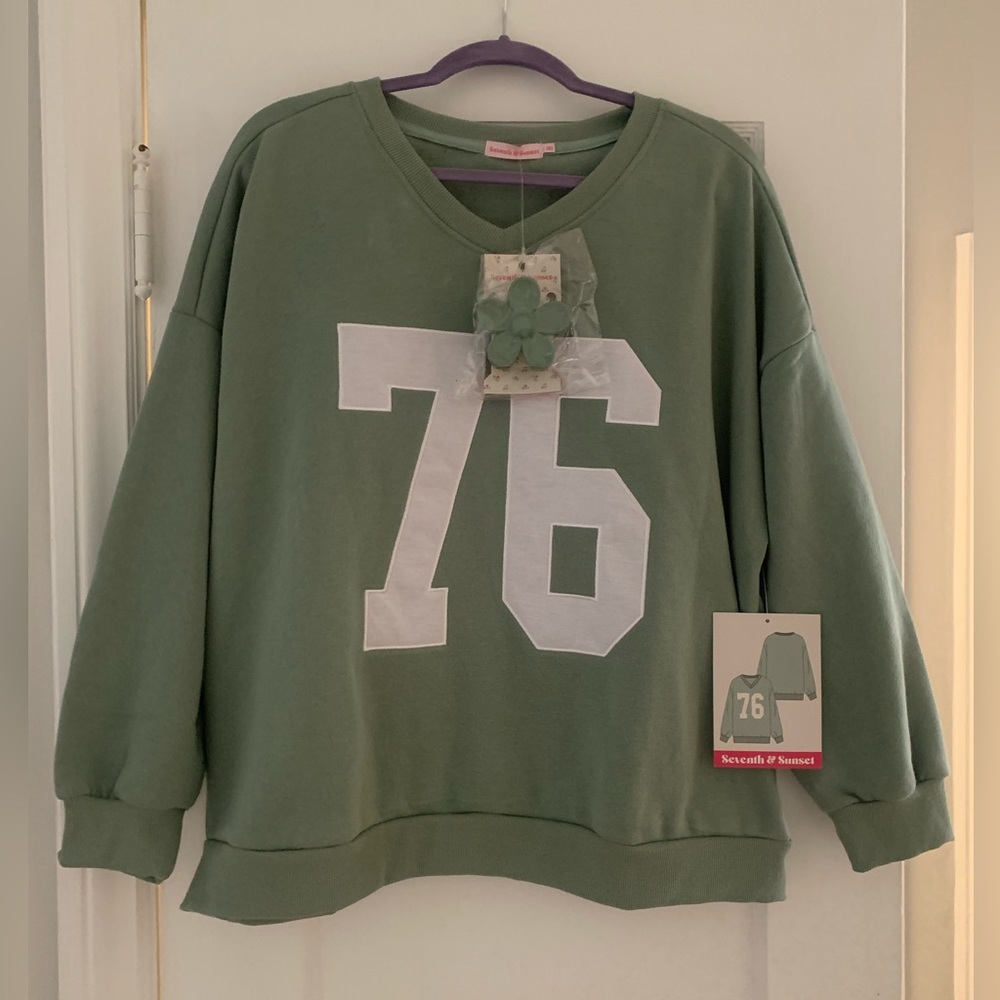 NWT SEVENTH SUNSET FLEECE MOSS GREEN PULLOVER “76” SWEATSHIRT + CLAW CLIP SZ 1XL